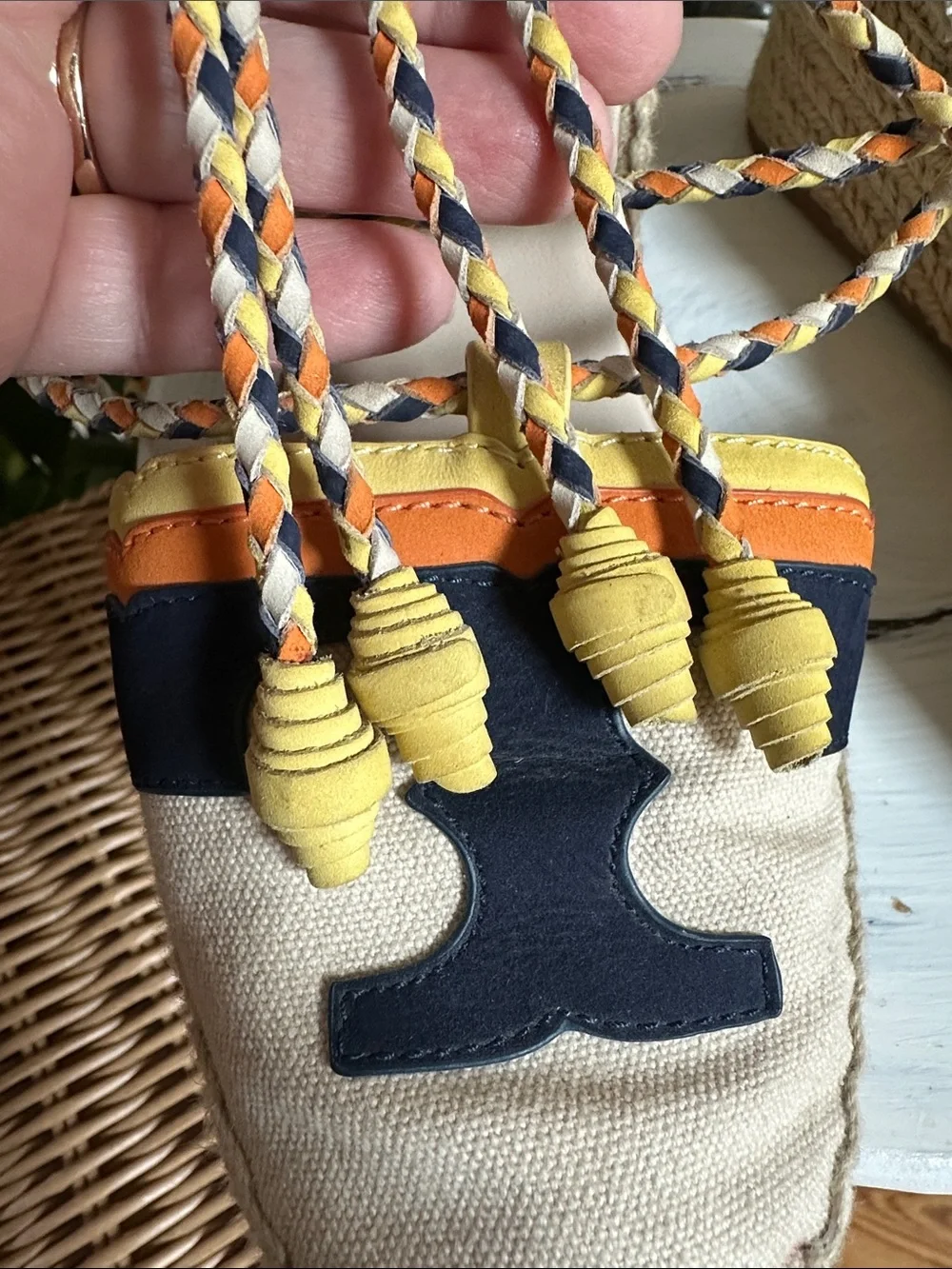Tory Burch Laguna Canvas Espadrille Wedges with Navy Logo ankle wrap